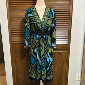 R&M Richards Geometric Patterned Multicolor V-Neck Embellished Tie Dress Size 12